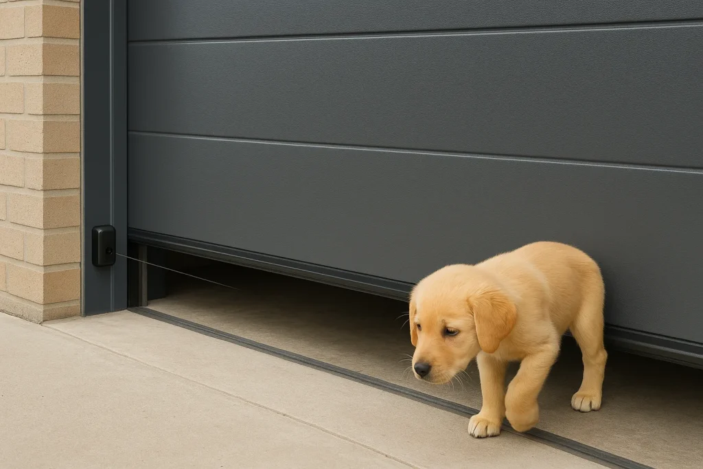 Puppy under garage door with safety beams