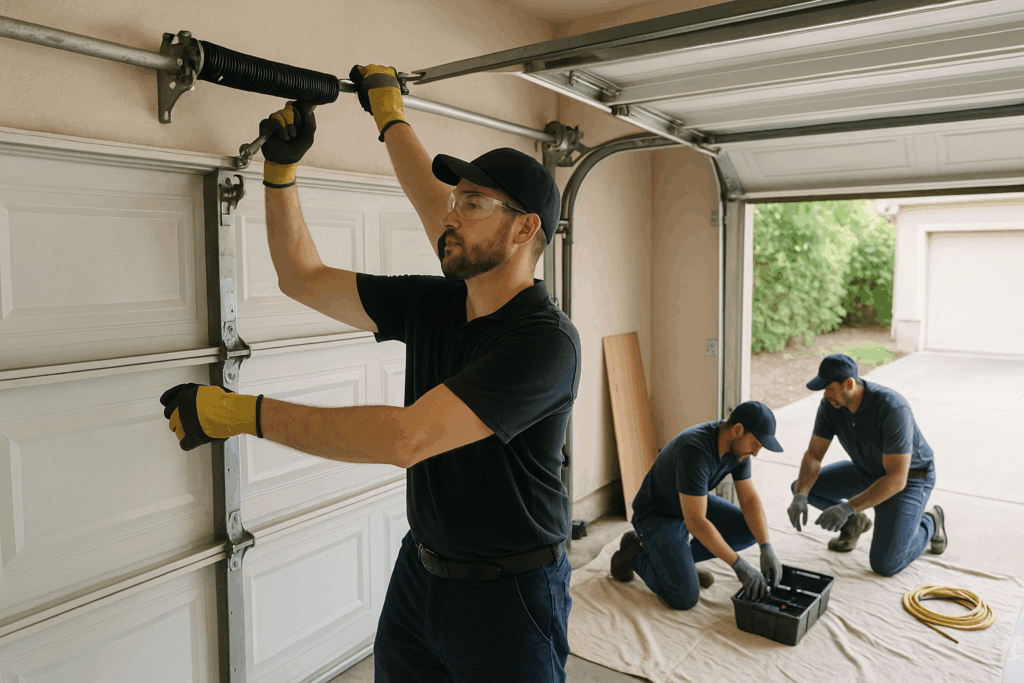 Professional installers removing garage door spring safely.
