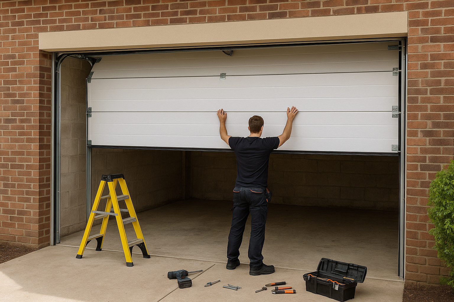 Installer fitting new white garage door