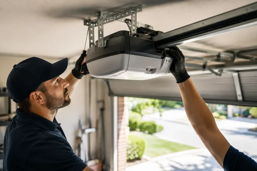 Technician inspecting a garage door opener