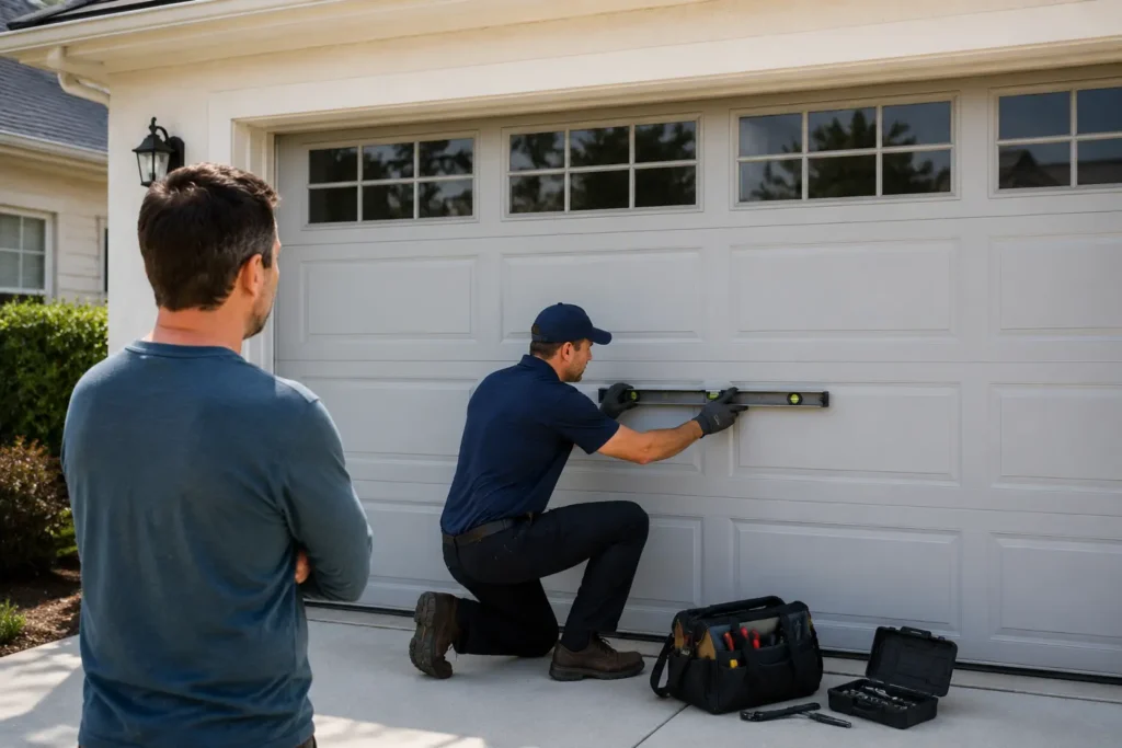 Technician checking garage door alignment and safety