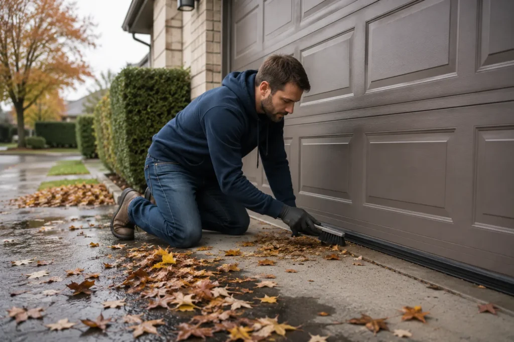 Technician inspecting garage door seals
